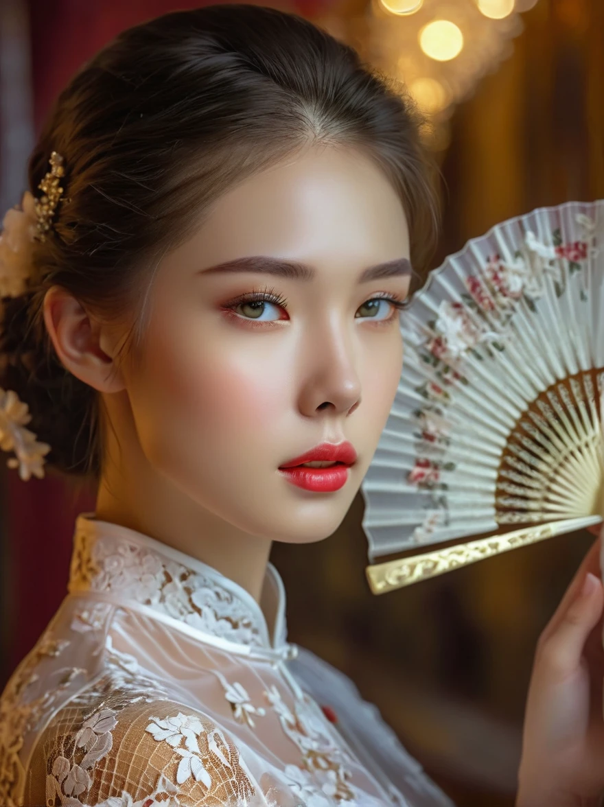 beautiful European girl,wearing white lace cheongsam,elegant posture,delicately holding a pure white lace fan,covering her face,beautiful detailed eyes,beautiful detailed lips,extremely detailed eyes and face,long eyelashes,high fashion,ornate lace details,splendid fabric texture,golden background, studio lighting,vivid colors,bokeh,sharp focus,physically-based rendering,calm expression, Romanticism, Luminism, first-person view, cowboy shot, UHD, masterpiece, accurate, anatomically correct, high details, award winning, 8k