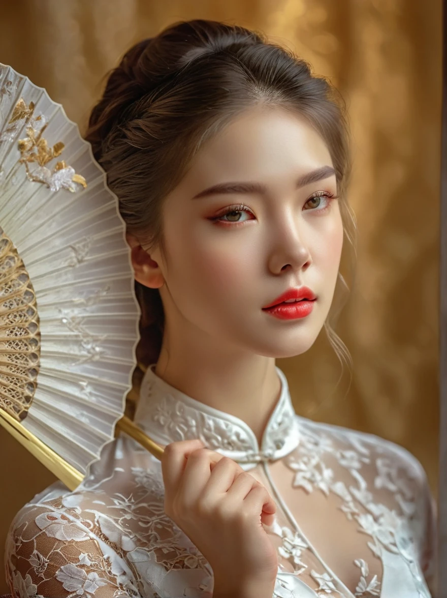 สาวยุโรปแสนสวย,สวมชุดกี่เพ้าลูกไม้สีขาว,ท่าทางที่หรูหรา,ถือพัดลูกไม้สีขาวบริสุทธิ์อย่างประณีต,ปิดบังใบหน้าของเธอ,ดวงตาที่มีรายละเอียดสวยงาม,ริมฝีปากที่มีรายละเอียดสวยงาม,ดวงตาและใบหน้าที่มีรายละเอียดมาก,ขนตายาว,แฟชั่นชั้นสูง,รายละเอียดลูกไม้หรูหรา,เนื้อผ้าสวยงาม,พื้นหลังสีทอง, แสงสตูดิโอ,สีสันสดใส,โบเก้,โฟกัสคมชัด,การเรนเดอร์ตามทางกายภาพ,การแสดงออกที่สงบ, ยวนใจ, ความส่องสว่าง, มุมมองบุคคลที่หนึ่ง, ยิงคาวบอย, ยูเอชดี, ผลงานชิ้นเอก, แม่นยำ, ถูกต้องตามหลักกายวิภาคศาสตร์, รายละเอียดสูง, ได้รับรางวัล, 8ก