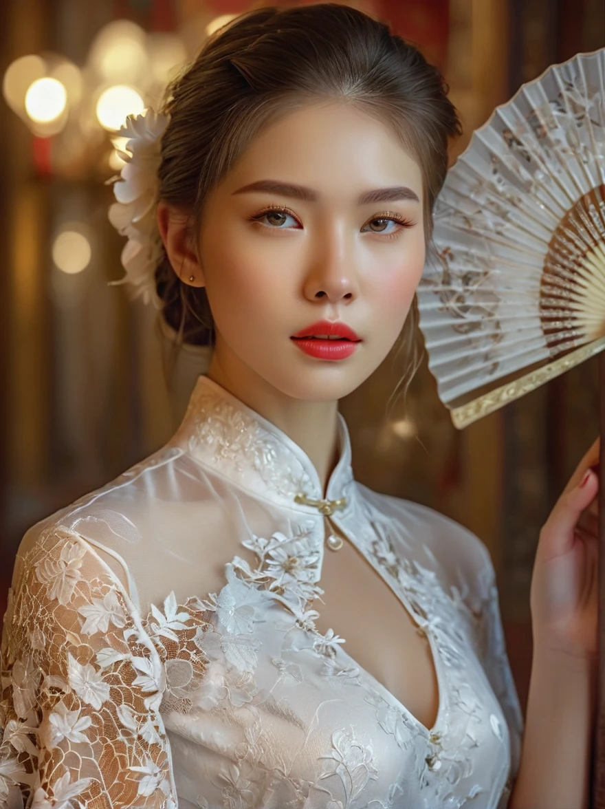 beautiful European girl,wearing white lace cheongsam,elegant posture,delicately holding a pure white lace fan,covering her face,beautiful detailed eyes,beautiful detailed lips,extremely detailed eyes and face,long eyelashes,high fashion,ornate lace details,splendid fabric texture,golden background, studio lighting,vivid colors,bokeh,sharp focus,physically-based rendering,calm expression, Romanticism, Luminism, first-person view, cowboy shot, UHD, masterpiece, accurate, anatomically correct, high details, award winning, 8k