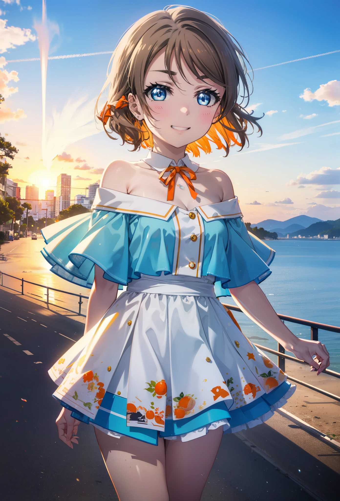 Yo Watanabe, Yu Watanabe, short hair, blue eyes, Brown Hair, smile, Grin,Hair Ribbon, hair band, Orange Hair,Rocket Pendant, (Orange ribbon:1.5),Off-the-shoulder blue dress,Bare neck,Bare shoulders,bare clavicle,Blue long skirt,Cute heeled sandals,evening,Sunset,The sun is setting,
break outdoors, Coastal Road,Building district,
break looking at viewer, (Cowboy Shot:1.5),
break (masterpiece:1.2), highest quality, High resolution, unity 8k wallpaper, (figure:0.8), (Beautiful fine details:1.6), Highly detailed face, Perfect lighting, Highly detailed CG, (Perfect hands, Perfect Anatomy),