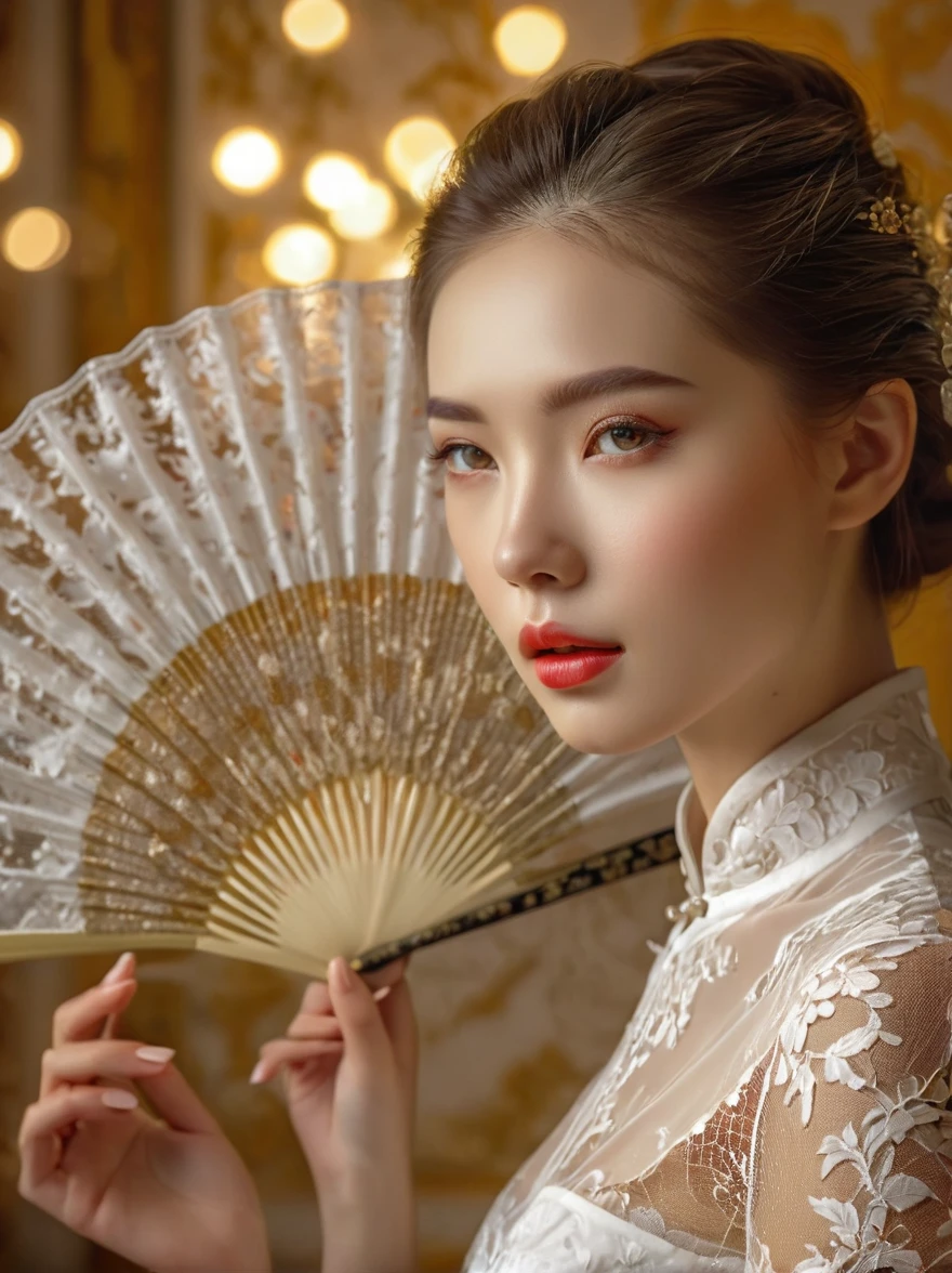 สาวยุโรปแสนสวย,สวมชุดกี่เพ้าลูกไม้สีขาว,ท่าทางที่หรูหรา,ถือพัดลูกไม้สีขาวบริสุทธิ์อย่างประณีต,ปิดบังใบหน้าของเธอ,ดวงตาที่มีรายละเอียดสวยงาม,ริมฝีปากที่มีรายละเอียดสวยงาม,ดวงตาและใบหน้าที่มีรายละเอียดมาก,ขนตายาว,แฟชั่นชั้นสูง,รายละเอียดลูกไม้หรูหรา,เนื้อผ้าสวยงาม,พื้นหลังสีทอง, แสงสตูดิโอ,สีสันสดใส,โบเก้,โฟกัสคมชัด,การเรนเดอร์ตามทางกายภาพ,การแสดงออกที่สงบ, แนวโรแมนติก, ความส่องสว่าง, มุมมองบุคคลที่หนึ่ง, (ยิงเอว:1.6), ยูเอชดี, ผลงานชิ้นเอก, แม่นยำ, ถูกต้องตามหลักกายวิภาค, รายละเอียดสูง, ได้รับรางวัล, 8k