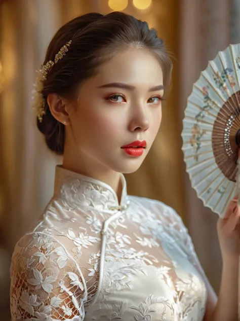 beautiful European girl,wearing white lace cheongsam,elegant posture,delicately holding a pure white lace fan,covering her face,...