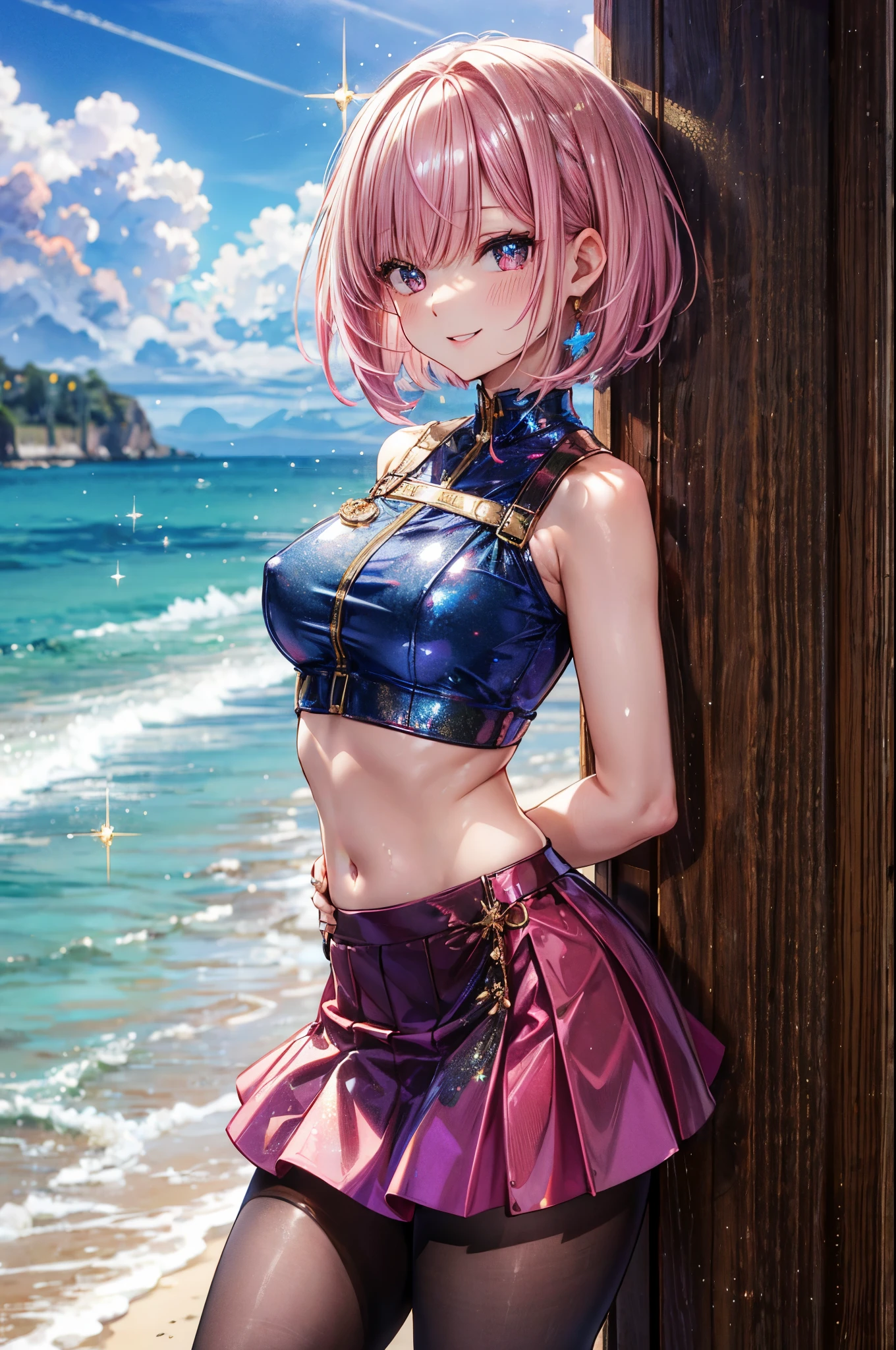 ((glitter Crop top)), ((skirt)), 4 defined fingers, 1 defined thumb, looking at viewer, solo, 1 woman, 25 years old, AI generated, highest quality, masterpiece, skindentation, perfect face, 8k , cowboy shot, short hair, (pink hair1.5), bob cut, black eye, smile, thin thighs, medium breasts, perfect limbs, sexy, (visible nipples:0.7), (camel toe:0.5), pantyhose, ((arm at side)), ((bright seaside)),, ((metallic costume))