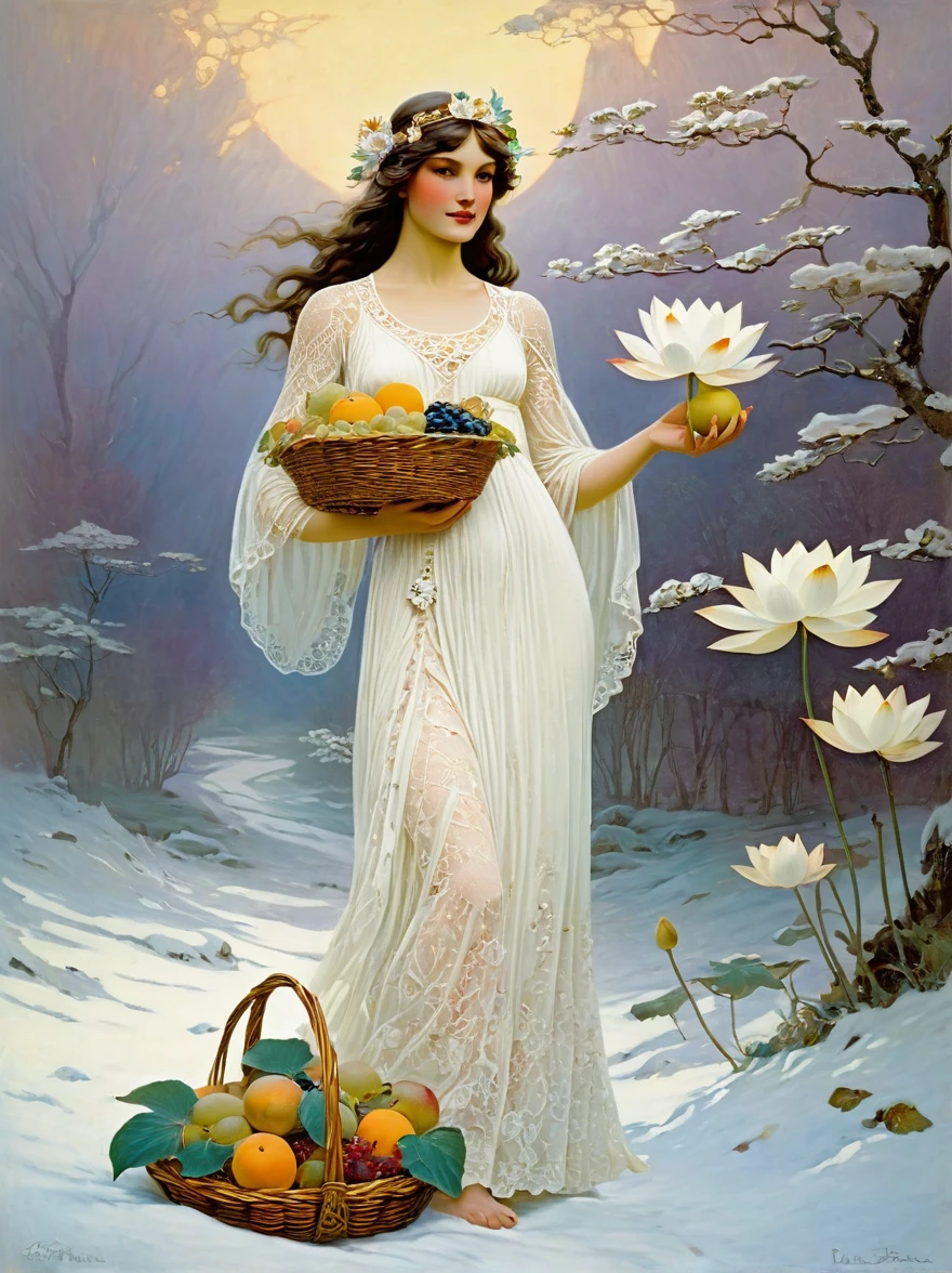 A deusa Fortuna segura uma cesta de frutas tecida com renda branca，Usando um vestido de renda branco，Há um lótus de neve branco puro pintado nele，Dê um passeio na natureza repleta de frutas, no estilo de Frank Frazetta e Roger Dean, pintado no estilo de John William Waterhouse e Alphonse Mucha