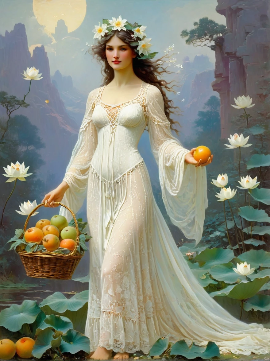 The goddess Fortuna holds a fruit basket woven with white lace，Wearing a white lace dress，There is a pure white snow lotus painted on it，Take a walk in the fruit-filled nature, in the style of Frank Frazetta and Roger Dean, painted in the style of John William Waterhouse and Alphonse Mucha