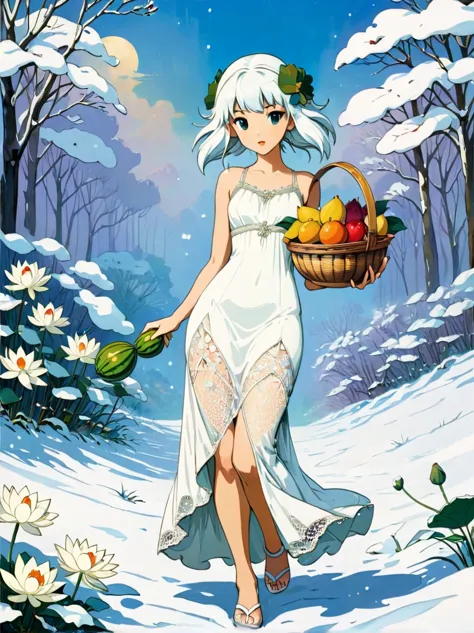 The goddess Fortuna holds a fruit basket woven with white lace，Wearing a white lace dress，There is a pure white snow lotus paint...