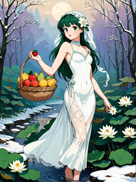 The goddess Fortuna holds a fruit basket woven with white lace，Wearing a white lace dress，There is a pure white snow lotus paint...