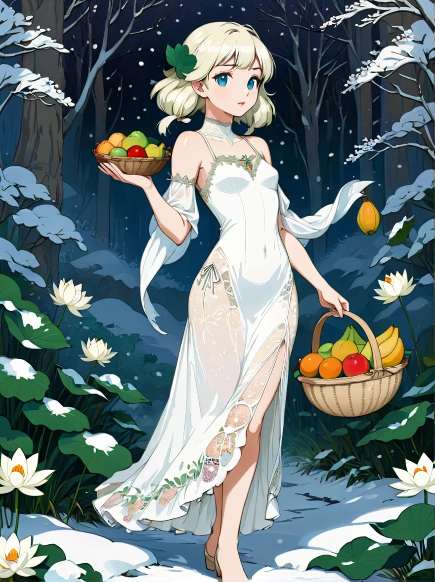 The goddess Fortuna holds a fruit basket woven with white lace，Wearing a white lace dress，There is a pure white snow lotus painted on it，Take a walk in the fruit-filled nature, in the style of Frank Frazetta and Roger Dean, painted in the style of John William Waterhouse and Alphonse Mucha