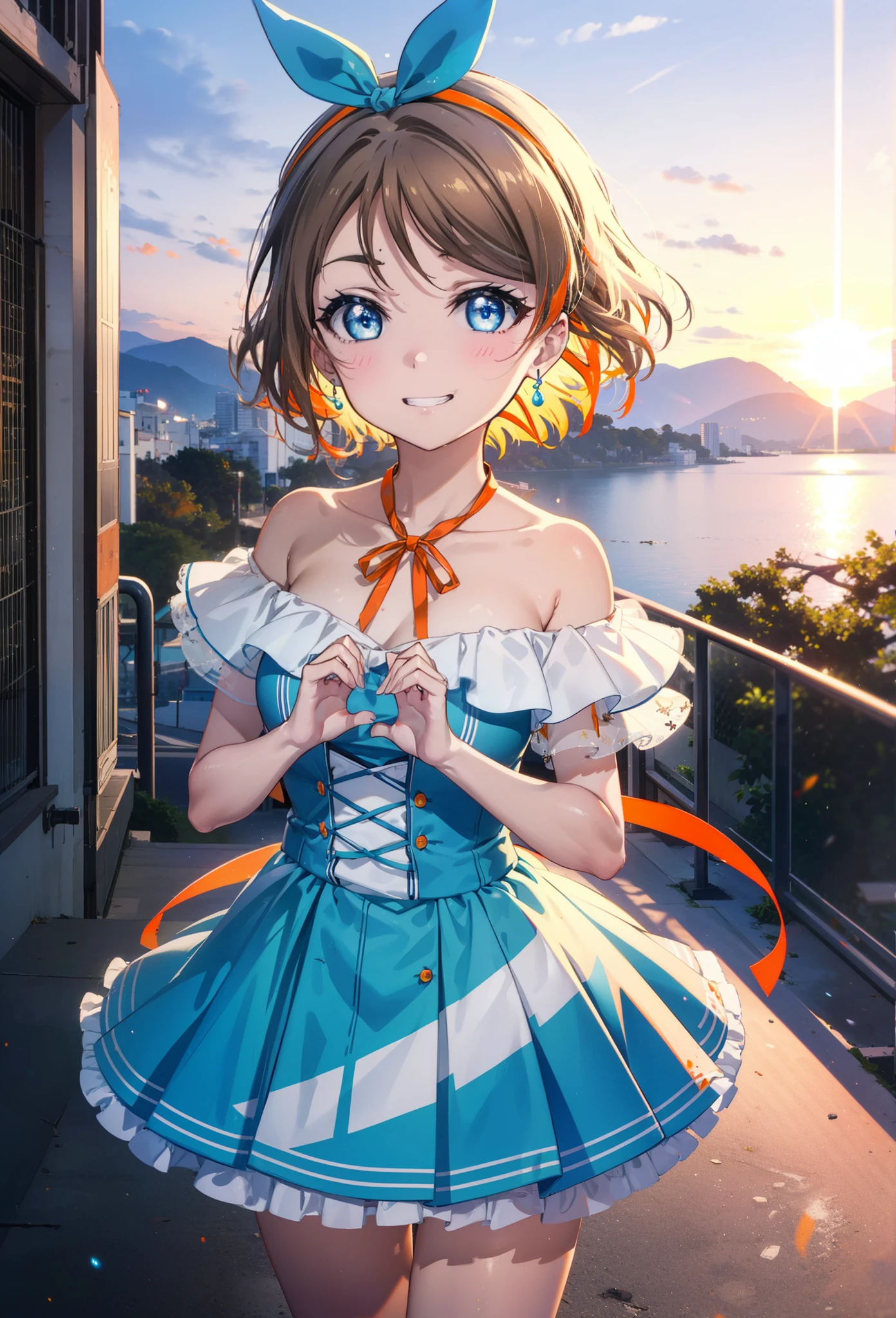 Yo Watanabe, Yu Watanabe, short hair, blue eyes, Brown Hair, smile, Grin,Hair Ribbon, hair band, Orange Hair,Rocket Pendant, (Orange ribbon:1.5),Off-the-shoulder blue dress,Bare neck,Bare shoulders,bare clavicle,Blue long skirt,Cute heeled sandals,evening,Sunset,The sun is setting,
break outdoors, Coastal Road,Building district,
break looking at viewer, (Cowboy Shot:1.5),
break (masterpiece:1.2), highest quality, High resolution, unity 8k wallpaper, (figure:0.8), (Beautiful fine details:1.6), Highly detailed face, Perfect lighting, Highly detailed CG, (Perfect hands, Perfect Anatomy),