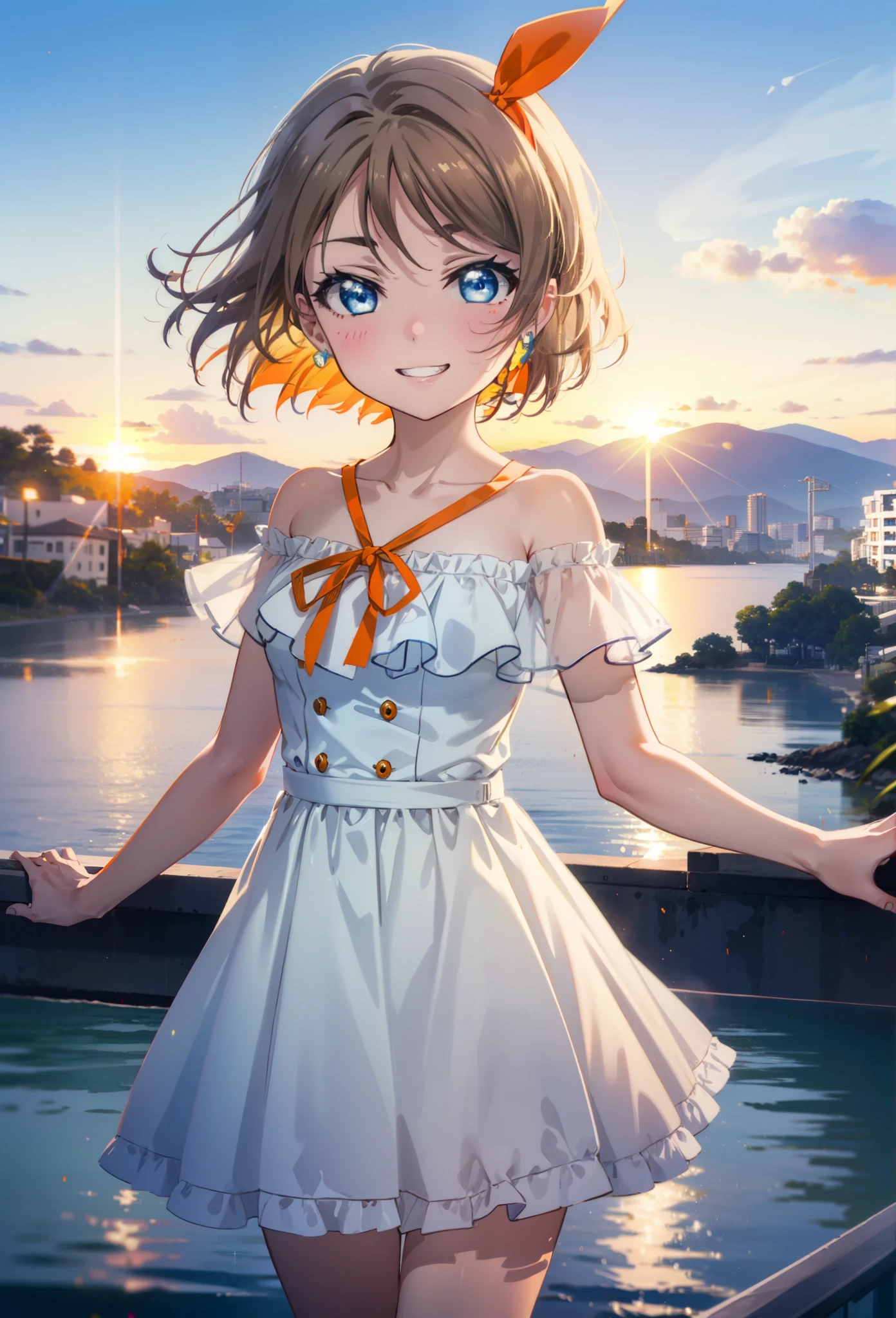 Yo Watanabe, Yu Watanabe, short hair, blue eyes, Brown Hair, smile, Grin,Hair Ribbon, hair band, Orange Hair,Rocket Pendant, (Orange ribbon:1.5),Off-the-shoulder blue dress,Bare neck,Bare shoulders,bare clavicle,Blue long skirt,Cute heeled sandals,evening,Sunset,The sun is setting,
break outdoors, Coastal Road,Building district,
break looking at viewer, (Cowboy Shot:1.5),
break (masterpiece:1.2), highest quality, High resolution, unity 8k wallpaper, (figure:0.8), (Beautiful fine details:1.6), Highly detailed face, Perfect lighting, Highly detailed CG, (Perfect hands, Perfect Anatomy),