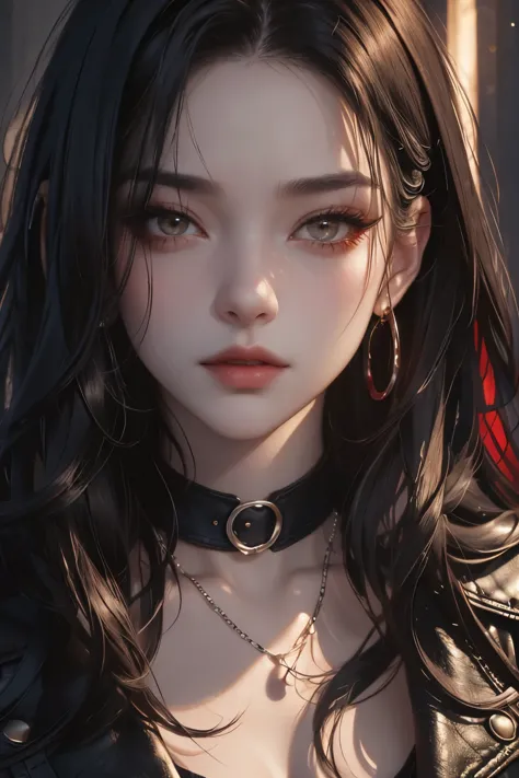 Captivating portrait of a confident, rebellious girl with a cascade of raven-black hair streaked with crimson, sharp eyes sparkl...