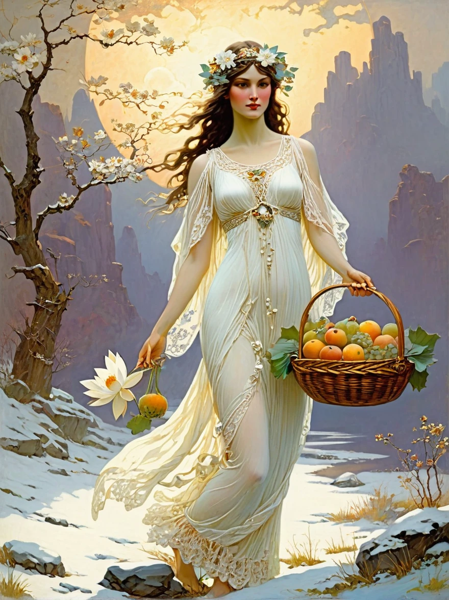 The goddess Fortuna holds a fruit basket woven with white lace，Wearing a white lace dress，There is a pure white snow lotus painted on it，Take a walk in the fruit-filled nature, in the style of Frank Frazetta and Roger Dean, painted in the style of John William Waterhouse and Alphonse Mucha