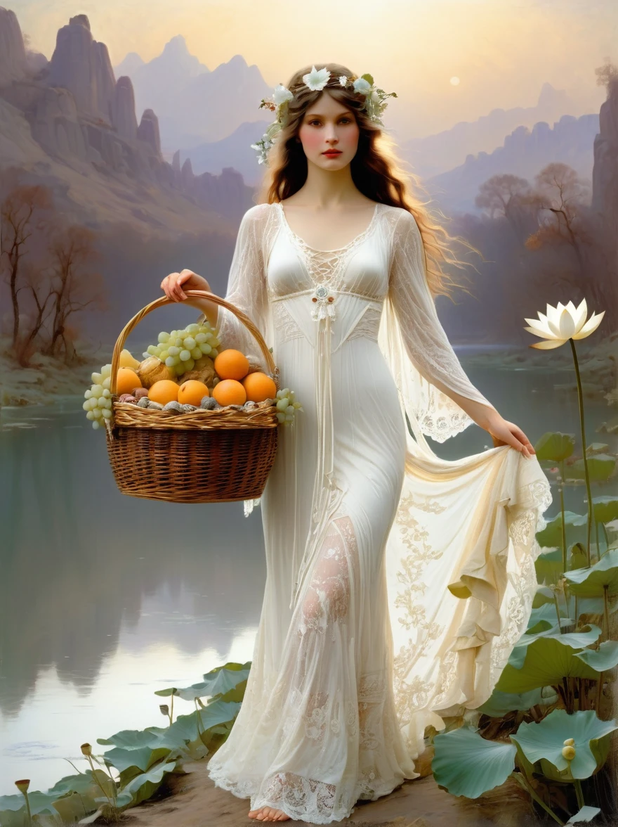 The goddess Fortuna holds a fruit basket woven with white lace，Wearing a white lace dress，There is a pure white snow lotus painted on it，Take a walk in the fruit-filled nature, in the style of Frank Frazetta and Roger Dean, painted in the style of John William Waterhouse and Alphonse Mucha