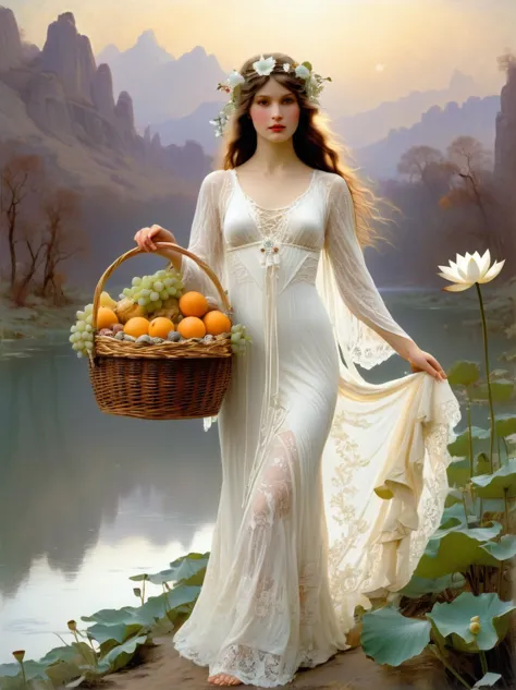 the goddess fortuna holds a fruit basket woven with white lace，wearing a white lace dress，there is a pure white snow lotus paint...