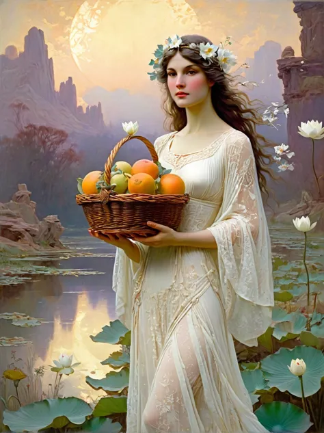 The goddess Fortuna holds a fruit basket woven with white lace，Wearing a white lace dress，There is a pure white snow lotus paint...