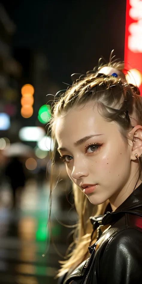 Tokyo street,night, rain, wet,cityscape,night, cyberpunk city,neon light,1girl, close-up, 8k, RAW photo, best quality, masterpie...