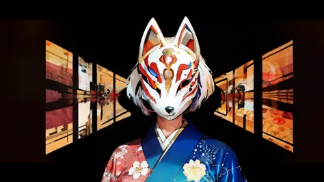 fox mask、silver hair、blue kimono、one girl, official art, unity 8k wallpaper, super detailed, beautifully、aesthetic, masterpiece,...