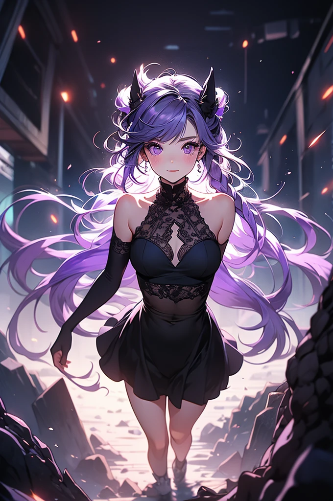 cryptic girl,masterpiece,highest quality,Very detailed,One girl,alone,surprise,The pupils constrict,Scared,shout, cryptic girl,Gradient Hair, Milky white and purple hair color, Long hair braided in two ponytails, Very long hair, Purple eyes, Mouth closed, whole body,yinji,1girl,solo, purple eyes, long hair, twin braids, purple hair, multicolored hair, elbow gloves, bangs, very long hair,bare shoulders, black skirt, grey hair, dress, smile, side cutout,covered navel, side cutout, break (((fall, Shorthand, perspective, Bottomless Pit))),Raise the hand,Dungeons,From above,Reaching out towards the viewer,A beautiful boy grabbing the outstretched hand of a criptic girl、The boy&#39;s hair color is white with blue inner color、Short Hair、Black cyberpunk outfit、Dutch Angle,Spread your legs,He is holding a girl who is about to fall