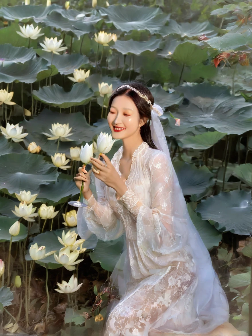 At dusk，The goddess of wine is hidden in the forest of flowers and trees，Wearing a white lace opaque dress，There is a pure white snow lotus painted on it，Holding a wine bottle in one hand，Holding a wine glass in one hand，She smiled at me，Revealing the true feelings after drinking，At this moment, her smile is like a pure angel，The soul is as pure as the moon，There is also a crescent moon in the background，Beautiful painting，Romantic，Natural light, Elegant and beautiful, Romanticism, Luminism, first-person view, cowboy shot, UHD, masterpiece, accurate, anatomically correct, high details, award winning, 8k