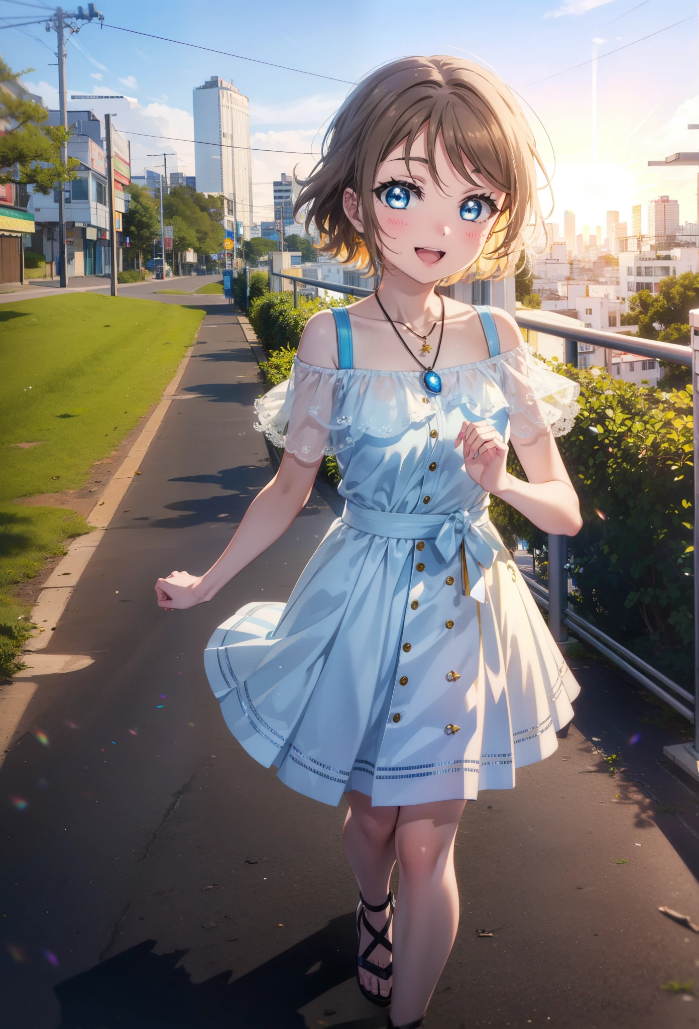 Yo Watanabe, Yu Watanabe, short hair, blue eyes, Brown Hair, smile, happy smile, smile, Open your mouth,Orange hair band,Rocket Pendant,Off-the-shoulder blue dress,Bare neck,Bare shoulders,bare clavicle,Blue long skirt,Cute heeled sandals,evening,Sunset,walking,The sun is setting,whole bodyがイラストに入るように,Looking down from above,
break outdoors, Coastal Road,Building district,
break looking at viewer, whole body,
break (masterpiece:1.2), highest quality, High resolution, unity 8k wallpaper, (figure:0.8), (Beautiful fine details:1.6), Highly detailed face, Perfect lighting, Highly detailed CG, (Perfect hands, Perfect Anatomy),