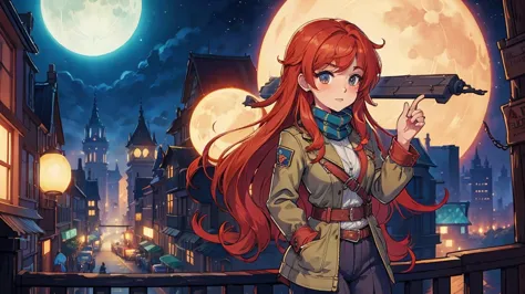 redhead adol christin from ys games wearing adiddas jacket, hands on his pocket, in the city, two moons, at night, anime style, ...