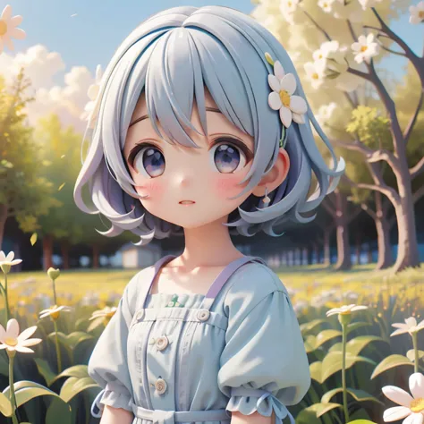 one girl、short hair、flower field、flowers on ears、light blue clothes