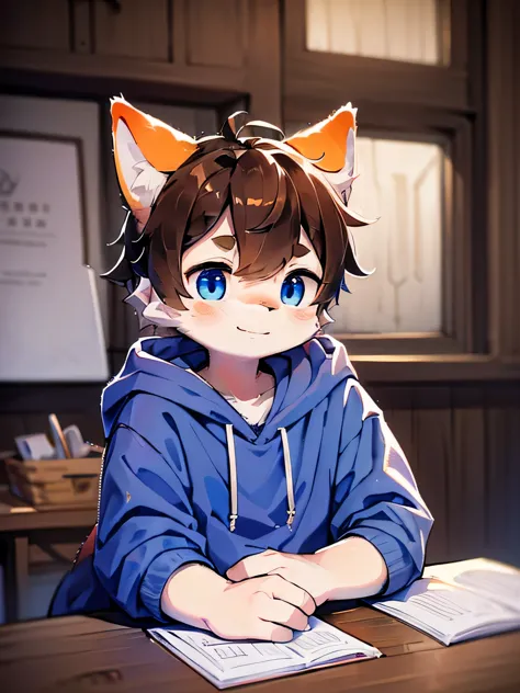 (Mischievous smile, Shiba Inu beastman, light blue eyes, *brown hair*, fluffy boy, cute, orange fur) (((It's raining))) Studying...