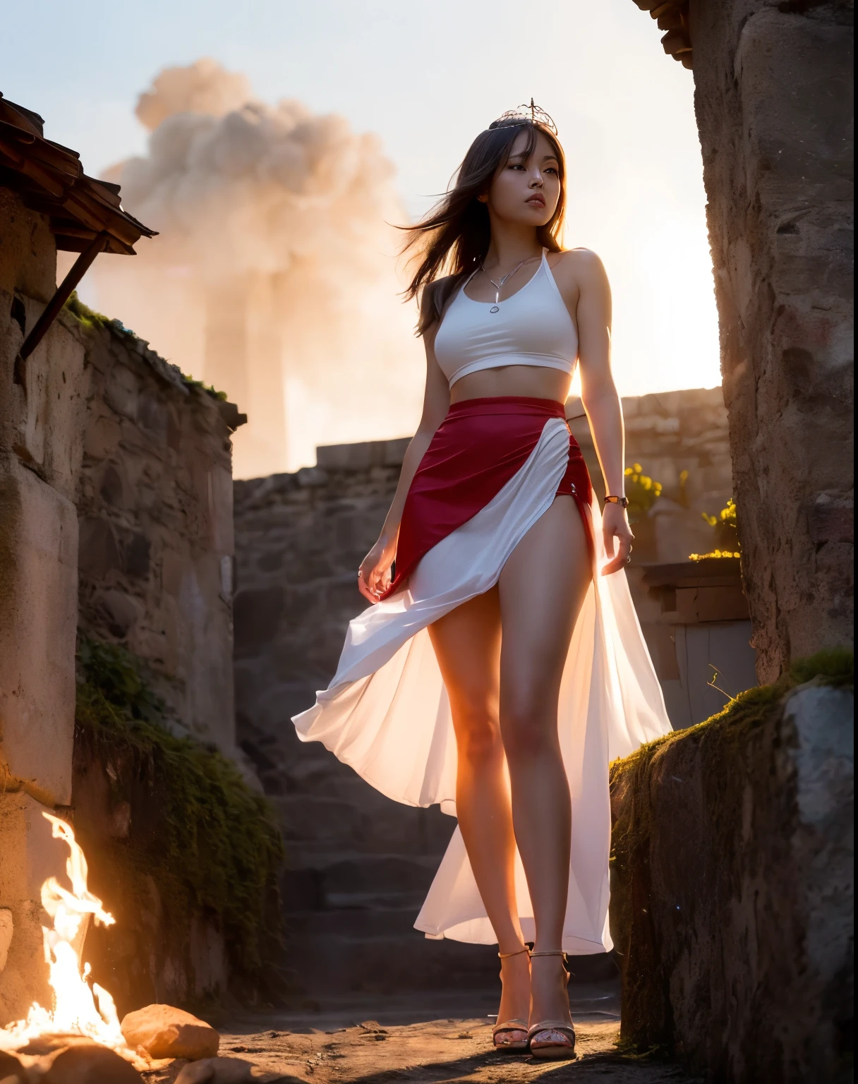 （Full body photo，Full-body display），((Great composition，Medieval ancient battlefield，A woman wearing a loose white gauze skirt，Goddess of Fire，Behind her is a stone castle.，Shooting from below，Rich scene details，Smoke was floating everywhere，You can see a tall tower in the distance，The flames light up the sky red))，(Age 25，A solemn and stern expression，Protruding nipples),((Anatomically correct，8k, Very detailed, UHigh resolution, masterpiece, Very detailed, Attention to detail, high quality, Awards, 最high quality, High resolution, 1080p, High resolution, 4K, 8k, Accurate))