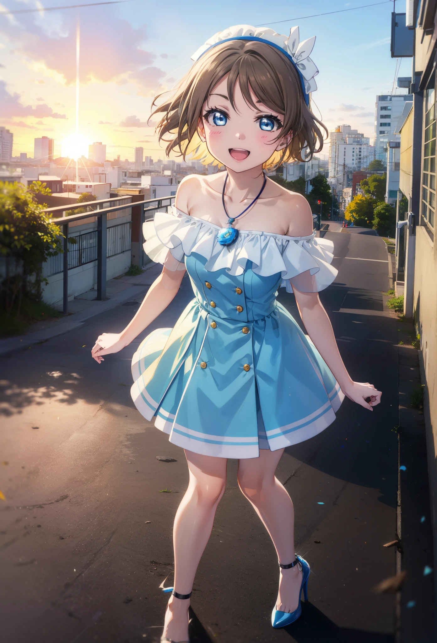 Yo Watanabe, Yu Watanabe, short hair, blue eyes, Brown Hair, smile, happy smile, smile, Open your mouth,Orange hair band,Rocket Pendant,Off-the-shoulder blue dress,Bare neck,Bare shoulders,bare clavicle,Blue long skirt,Cute stiletto heels,evening,Sunset,walking,The sun is setting,whole bodyがイラストに入るように,Looking down from above,
break outdoors, Coastal Road,Building district,
break looking at viewer, whole body,
break (masterpiece:1.2), highest quality, High resolution, unity 8k wallpaper, (figure:0.8), (Beautiful fine details:1.6), Highly detailed face, Perfect lighting, Highly detailed CG, (Perfect hands, Perfect Anatomy),