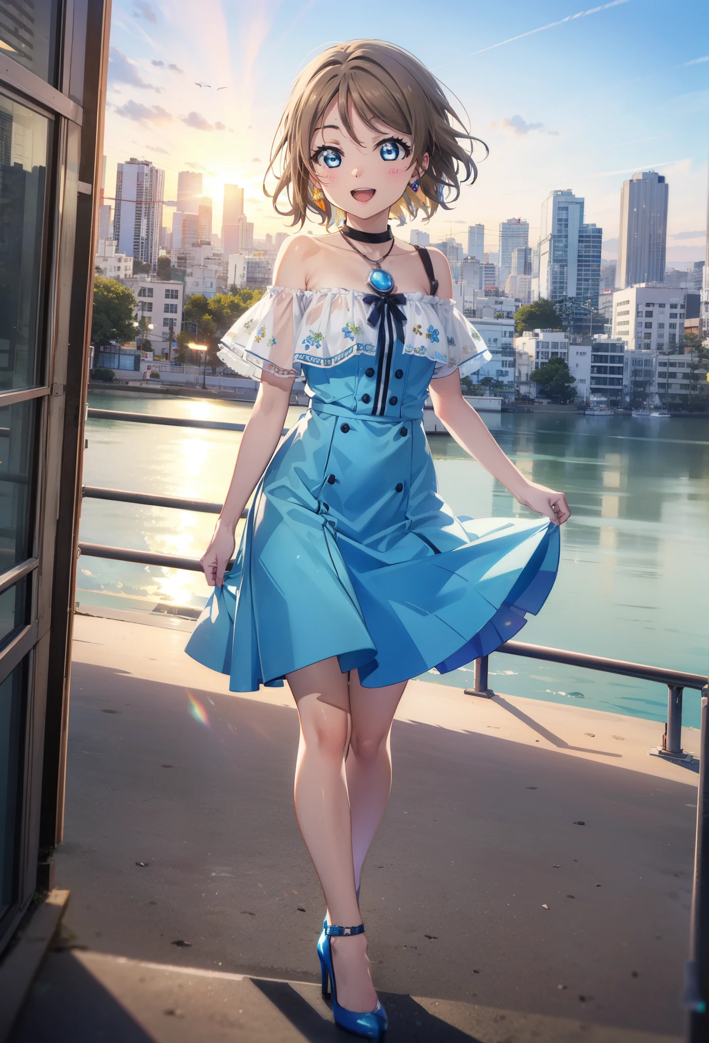 Yo Watanabe, Yu Watanabe, Cheveux courts, yeux bleus, cheveux bruns, sourire, happy sourire, sourire, Ouvrez la bouche,bandeau orange pour cheveux,Rocket Pendant,Robe bleue à épaules dénudées,Cou nu,Épaules nues,clavicule nue,Jupe longue bleue,Des talons aiguilles mignons,soirée,coucher de soleil,marche,Le soleil se couche,tout le corpsがイラストに入るように,Regardant d&#39;en haut,
casser outdoors, Route côtière,Quartier du bâtiment,
casser looking at viewer, tout le corps,
casser (chef-d&#39;œuvre:1.2), la plus haute qualité, haute résolution, unité 8k fond d&#39;écran, (chiffre:0.8), (Beaux détails fins:1.6), Visage très détaillé, éclairage parfait, CG très détaillé, (des mains parfaites, Anatomie parfaite),