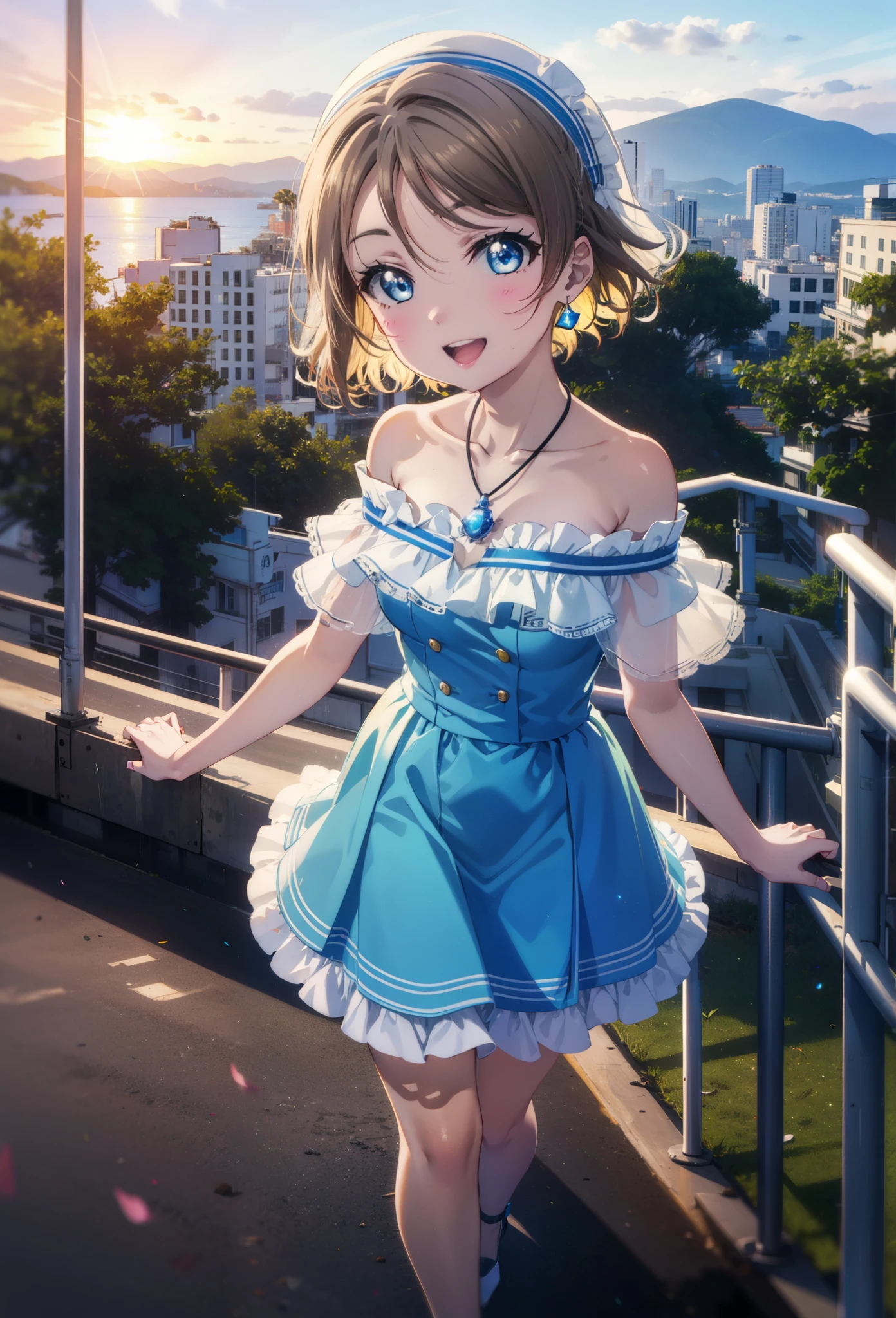 Yo Watanabe, Yu Watanabe, short hair, blue eyes, Brown Hair, smile, happy smile, smile, Open your mouth,Orange hair band,Rocket Pendant,Off-the-shoulder blue dress,Bare neck,Bare shoulders,bare clavicle,Blue long skirt,Cute stiletto heels,evening,Sunset,walking,The sun is setting,whole bodyがイラストに入るように,Looking down from above,
break outdoors, Coastal Road,Building district,
break looking at viewer, whole body,
break (masterpiece:1.2), highest quality, High resolution, unity 8k wallpaper, (figure:0.8), (Beautiful fine details:1.6), Highly detailed face, Perfect lighting, Highly detailed CG, (Perfect hands, Perfect Anatomy),