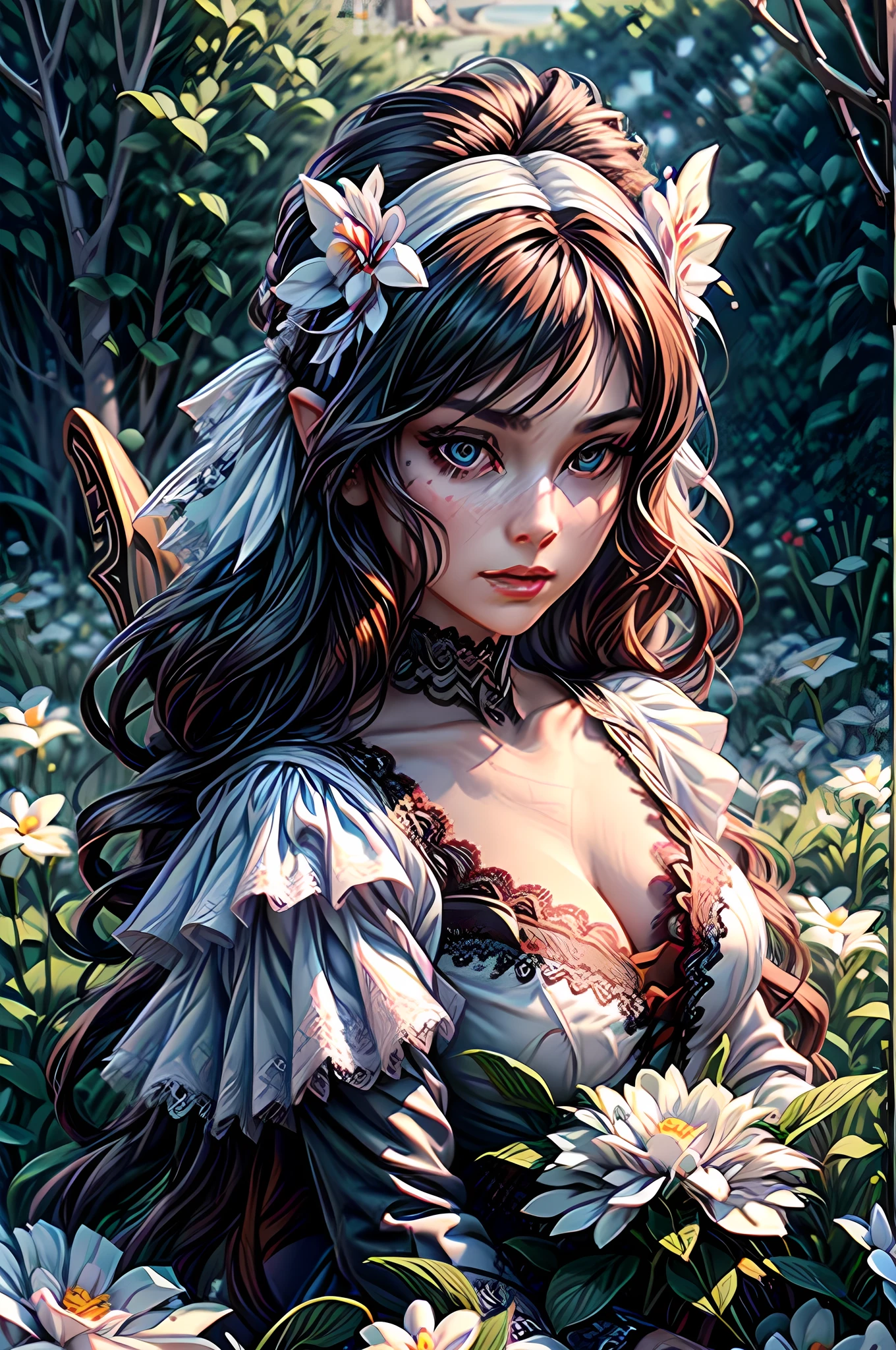 high details, best quality, 16k, RAW, [best detailed], masterpiece, best quality, (extremely detailed), full body, ultra wide shot, photorealistic, dark fantasy art, goth art, RPG art, D&D art, a picture of a dark female fairy resting in a flower meadow, extremely beautiful fairy, ultra feminine (intense details, Masterpiece, best quality), best detailed face (intense details, Masterpiece, best quality), having wide butterfly wings, spread butterfly wings (intense details, Masterpiece, best quality), dark colors wings (intense details, Masterpiece, best quality), black hair, long hair, shinning hair, flowing hair, shy smile, innocent smile, blue eyes, dark red lips, wearing ((white: 1.5)) lace dress (intense details, Masterpiece, best quality), (lace: 1.5) corset (intense details, Masterpiece, best quality), dynamic elegant shirt, chocker, wearing high heels, in dark colored flower meadow (intense details, Masterpiece, best quality), (red flowers: 1.2) , (black flowers: 1.2), (white flowers: 1.2), (blue flowers: 1.3) [extreme many flowers] (intense details, Masterpiece, best quality), dark colorful flowers (intense details, Masterpiece, best quality), flower meadow in a dark goth field background, dim light, cinematic light, High Detail, Ultra High Quality, High Resolution, 16K Resolution, Ultra HD Pictures, 3D rendering Ultra Realistic, Clear Details, Realistic Detail, Ultra High Definition, DonMF41ryW1ng5XL