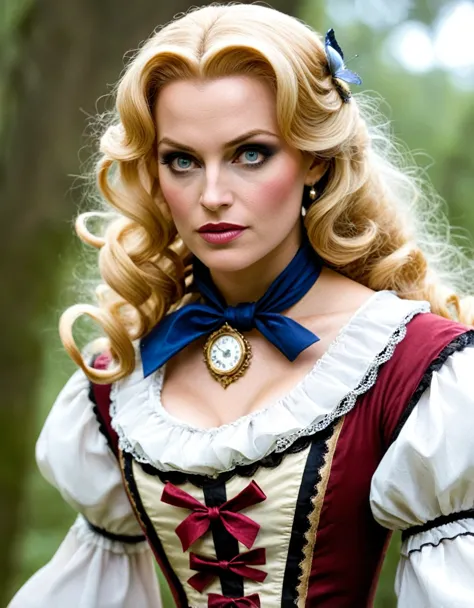 adepta sororitas doomer mercenary Belle Delphine as Alice in wonderland with a survivor outfit, blonde hair hidden under a scarf...