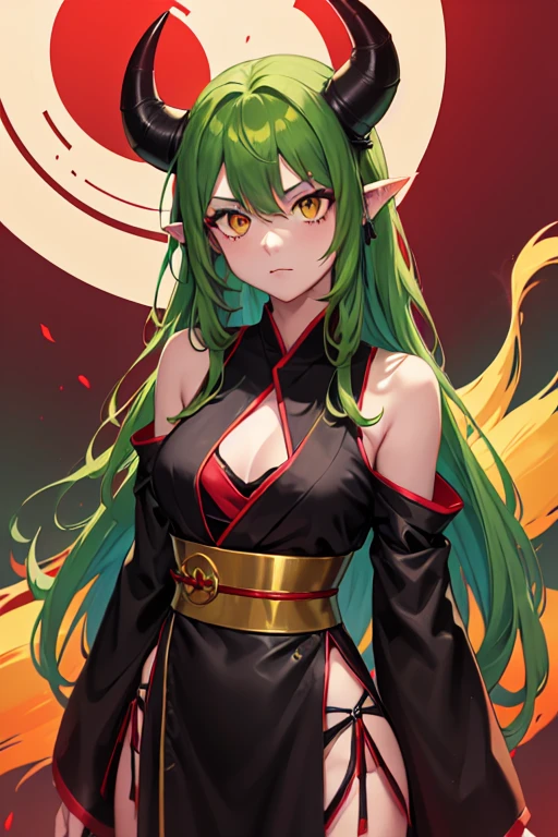 1girl, tiefling, red skin, yellow eyes, pointy ears, red horns, long green hair, green hair, long hair, black sleeveless shirt, black shorts, black off shoulder sleeves, Japanese dress, geisha outfit, demon tail, black boots, goggles on head, upper body