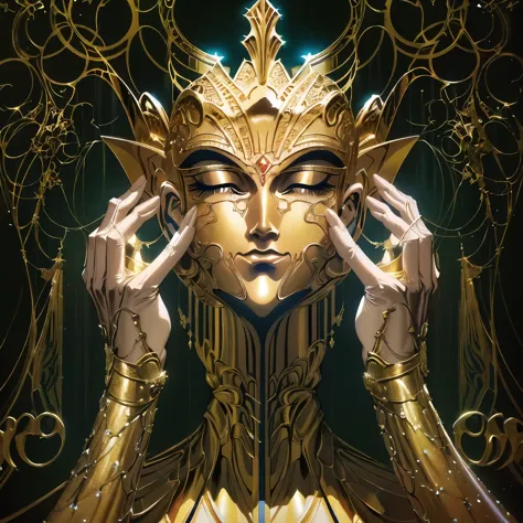 arafed woman in a gold mask and gold dress holding her hands to her face, artgerm julie bell beeple, tom bagshaw donato giancola...