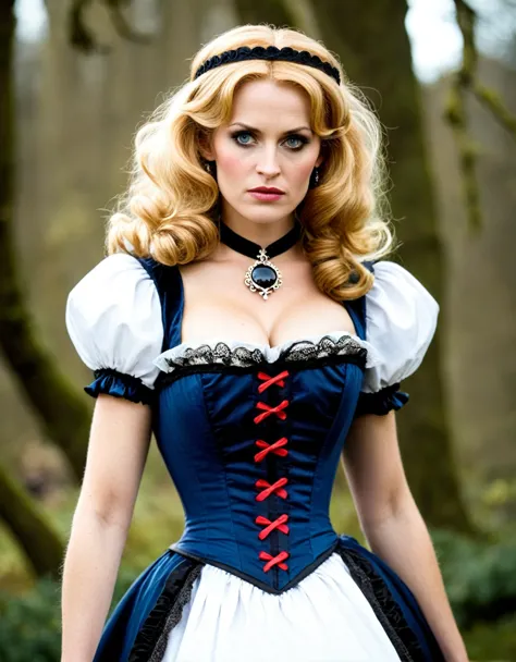 ((adepta sororitas)) Belle Delphine as Alice in wonderland,  mature female, looking serious, in apocalyptic style 