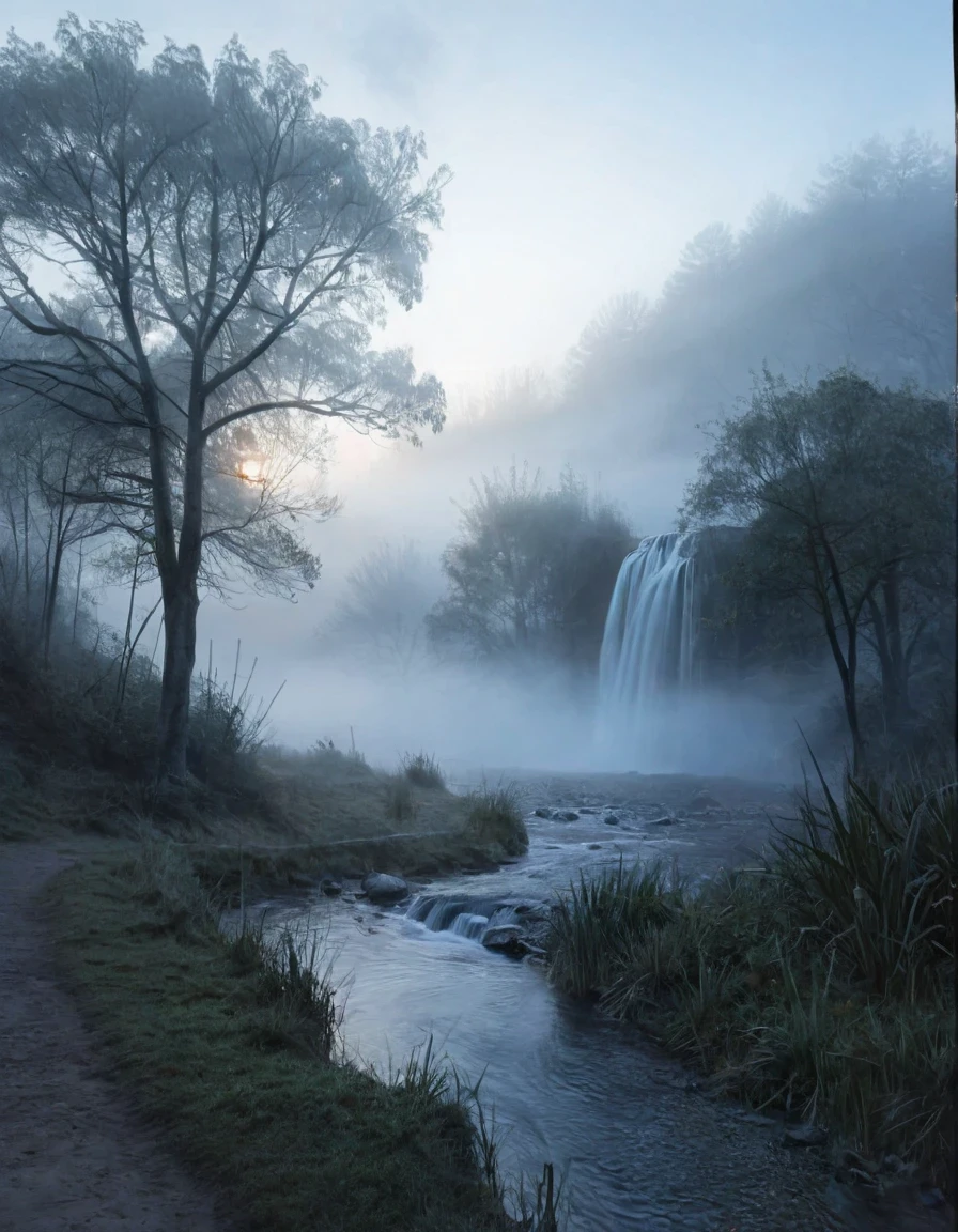 Crea una imagen para un fondo de pantalla CG Unity 8K extremadamente detallado, capturando la esencia tranquila de la madrugada. La escena se desarrolla en medio de una densa, niebla brumosa que envuelve el paisaje, creando una atmósfera mística y etérea. La niebla exhibe el efecto Tyndall., dispersando la luz y añadiendo una calidad de ensueño al paisaje. Un río majestuoso, flanqueado por árboles, y una pequeña cascada se destacan entre la niebla, su belleza realzada por la suave, luz difusa del amanecer. Este entorno sereno y de otro mundo se mantiene con estándares de fotografía galardonados., centrándose en la aberración cromática, hdr, y efectos Bloom. El estilo artístico combina las influencias de Monet., Pissarro, y sisley, dando como resultado una composición cautivadora y única que resuena con la estética moderna y clásica.. esta obra de arte, mostrando la brillantez creativa de un artista a mitad de camino, está preparado para ser bien recibido en plataformas como ArtStation y CGSociety.