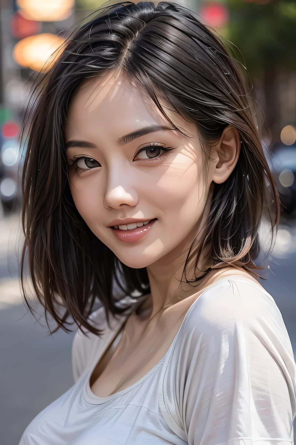 (8k, RAW Photos, highest quality, masterpiece, Realistic, Realistic), (1 female), (The ultimate beautiful Japanese MILF), Highly detailed face, (Perfect Teeth), Beautiful Eyes, double eyelid, eyelash, ((smile)), Lip details, (Neat brunette bob), The light shines on your face, Big Breasts, ((T-Shirts)), (Upper Body), ((background: none))