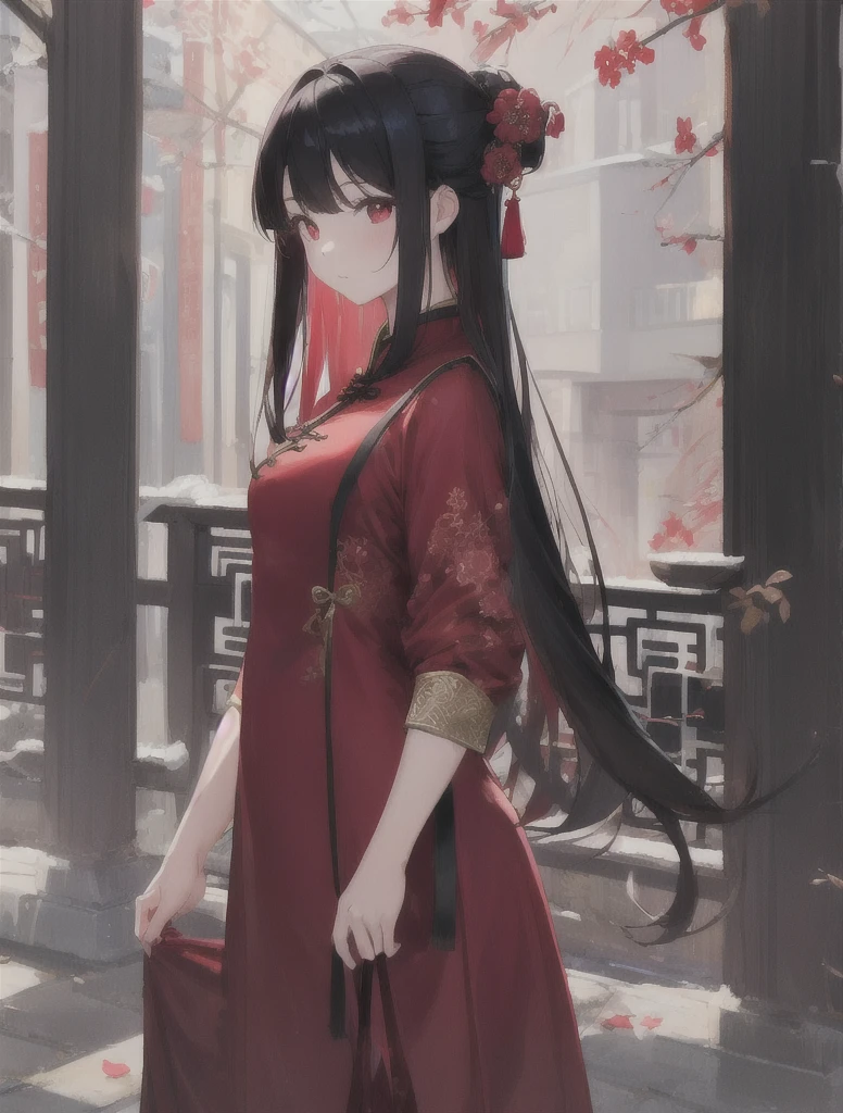 1 garota, vestido chinês, (obra de arte, melhor qualidade: 1.2), Alta resolução, alta qualidade, bonitinho, longos cabelos vermelhos pretos, roupa aleatória, bonitinho look,
