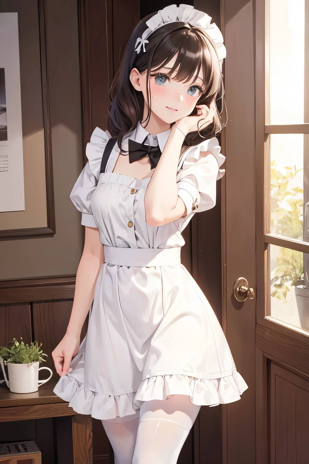 Wearing a maid outfit，blush，Wear white tights