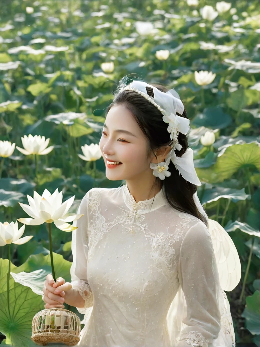 ao entardecer，A deusa do vinho está escondida na floresta de flores e árvores，Usando um vestido opaco de renda branca，Há um lótus de neve branco puro pintado nele，Segurando uma garrafa de vinho com uma mão，Segurando uma taça de vinho em uma mão，Ela sorriu para mim，Revelando os verdadeiros sentimentos depois de beber，Neste momento, o sorriso dela é como um anjo puro，A alma é tão pura quanto a lua，Há também uma lua crescente ao fundo，bela pintura，romântico，Luz natural, Elegante e bonito, românticoism, luminismo, visão em primeira pessoa, tiro de vaqueiro, Ultra HD, obra de arte, preciso, Anatomicamente correto, detalhes altos, premiado, 8K