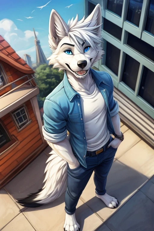 Birds-eye view, 
giant furry,anthro,
giant male arctic wolf, giant fluffy wolf ears, fluffy wolf tail, snow white fur, light blue eyes, sharp teeth, short messy and spikey white hair, pawpads, black pawpads, 
handsome, slim, well-built, 
wearing a blue denim jacket, white shirt and black jeans,
looking forwards,looking at viewer, happily smiling, 
leaning against a tiny building in a tiny city, sunny day, 
(giant character) (macro furry) (macrophilia) 