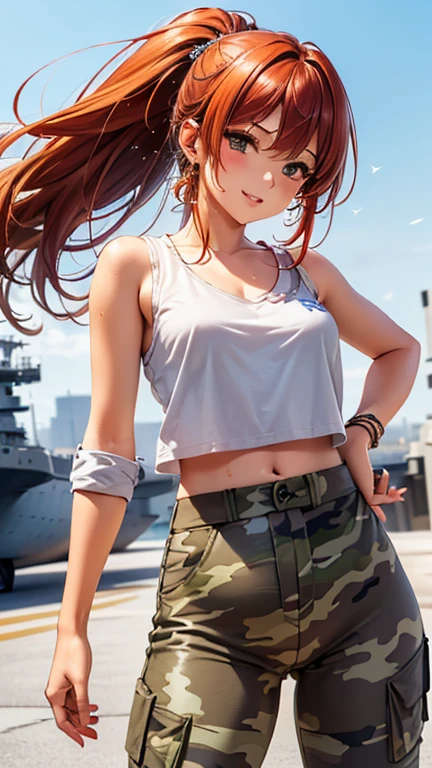 A girl is posing for a photo, cute女の子, Enchanting girl, Anime Girls, 
(((One Girl, Baby Face, cute, 16 years old))), 

(smile), 
(noon、(Aircraft carrier in sunlight、Fighter)), ((Dynamic pose、front、Cowboy Shot))
break 

(Red hair、Hair blowing in the wind、ponytail), (black eye, Slanted Eyes), break Women in the Military、(((Belligerent,uniform:1.4,Camouflage、Camouflage pants)))、Earrings、sunglasses、 
break 

(Symmetrical facial features, Perfect Face), (Beautiful breasts, (Ｃcup)), 
Beautiful body, Beautiful clavicle, Beautiful thighs, Beautiful legs, Perfect round ass, (Beautiful fingers), (((Detailed skin, Oily skin, Textured skin, Beautiful Skin))), 

double eyelid, Long eyelashes, 
(Expression of fine eyes, Beautiful and delicate eyes, Sparkling eyes, Eye Reflexes), 
(Beautiful Nose,Thin Nose), 
(Glossy lips, Beautiful Lips, Thick lips), 
(Beautiful Hair, Shiny Hair, Shiny Hair)), 
break 

(((highest quality)), ((masterpiece)), (Very detailed), (High resolution), (Beautiful sparkle), (High detail), (Anatomically correct)), ((Realistic)), 
(The best CG), Highly detailed art, CG illustration, (16k, 1080p), Oil paints, Line art, (lineart), 
