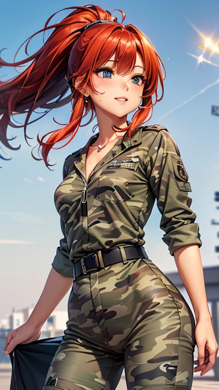 A girl is posing for a photo, cute女の子, Enchanting girl, Anime Girls, 
(((One Girl, Baby Face, cute, 16 years old))), 

(smile), 
(noon、(Aircraft carrier in sunlight、Fighter)), ((Dynamic pose、front、Cowboy Shot))
break 

(Red hair、Hair blowing in the wind、ponytail), (black eye, Slanted Eyes), break Women in the Military、(((Belligerent,uniform:1.4,Camouflage、Camouflage pants)))、Earrings、sunglasses、 
break 

(Symmetrical facial features, Perfect Face), (Beautiful breasts, (Ｃcup)), 
Beautiful body, Beautiful clavicle, Beautiful thighs, Beautiful legs, Perfect round ass, (Beautiful fingers), (((Detailed skin, Oily skin, Textured skin, Beautiful Skin))), 

double eyelid, Long eyelashes, 
(Expression of fine eyes, Beautiful and delicate eyes, Sparkling eyes, Eye Reflexes), 
(Beautiful Nose,Thin Nose), 
(Glossy lips, Beautiful Lips, Thick lips), 
(Beautiful Hair, Shiny Hair, Shiny Hair)), 
break 

(((highest quality)), ((masterpiece)), (Very detailed), (High resolution), (Beautiful sparkle), (High detail), (Anatomically correct)), ((Realistic)), 
(The best CG), Highly detailed art, CG illustration, (16k, 1080p), Oil paints, Line art, (lineart), 
