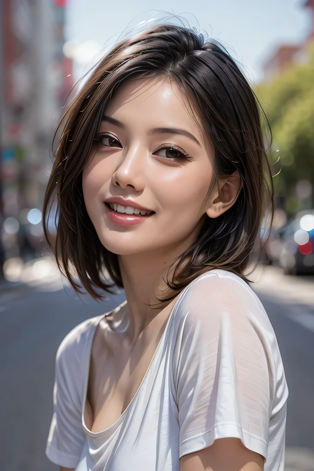 (8k, RAW Photos, highest quality, masterpiece, Realistic, Realistic), (1 female), (The ultimate beautiful Japanese mature), Highly detailed face, (Perfect Teeth), Beautiful Eyes, double eyelid, eyelash, ((smile)), Lip details, (Neat brunette bob), The light shines on your face, Big Breasts, ((T-Shirts)), (Upper Body), ((background: none))