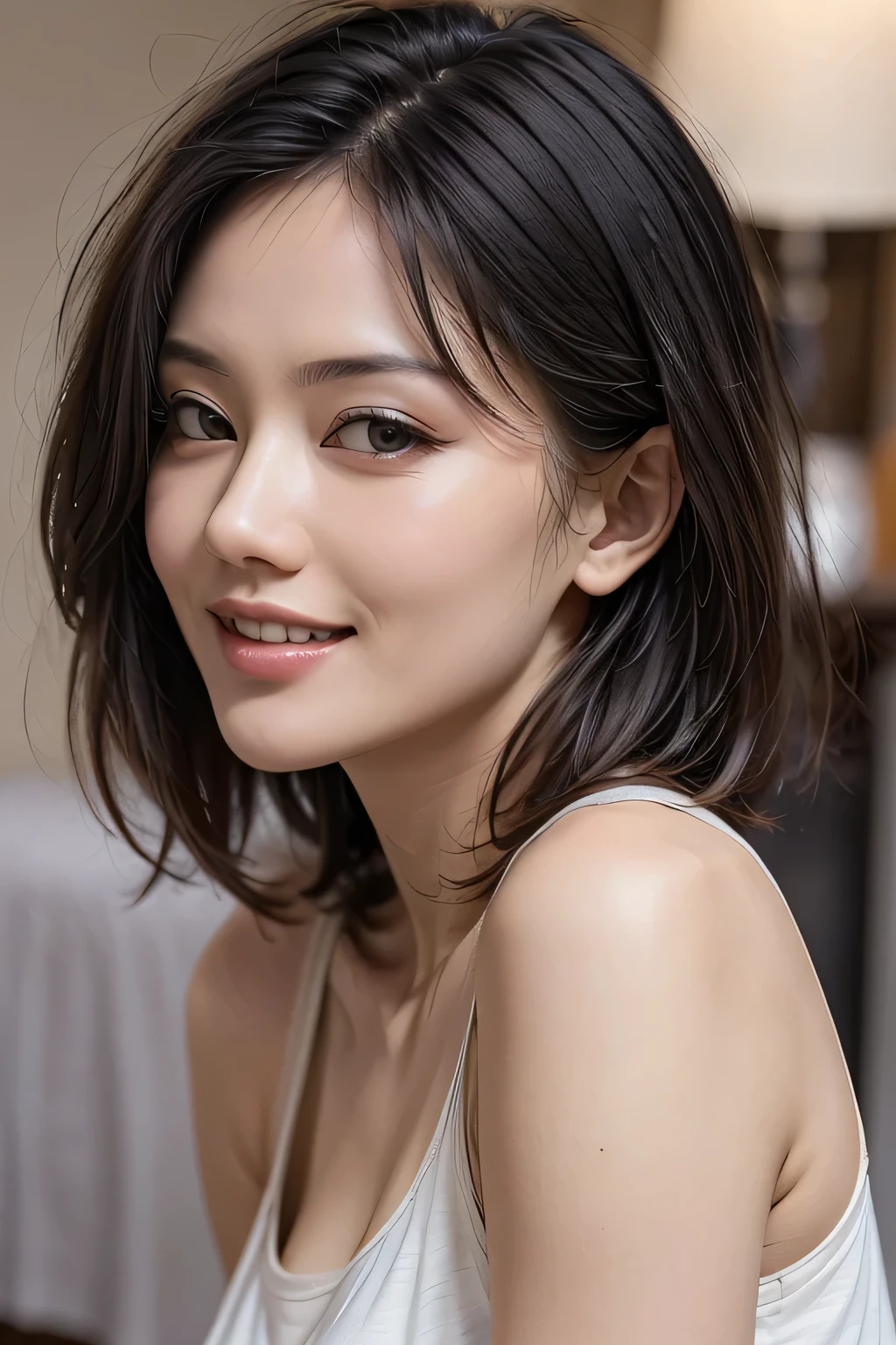 (8k, RAW Photos, highest quality, masterpiece, Realistic, Realistic), (1 female), (The ultimate beautiful Japanese mature), Highly detailed face, (Perfect Teeth), Beautiful Eyes, double eyelid, eyelash, ((smile)), Lip details, (Neat brunette bob), The light shines on your face, Big Breasts, ((T-Shirts)), (Upper Body), ((background: none))