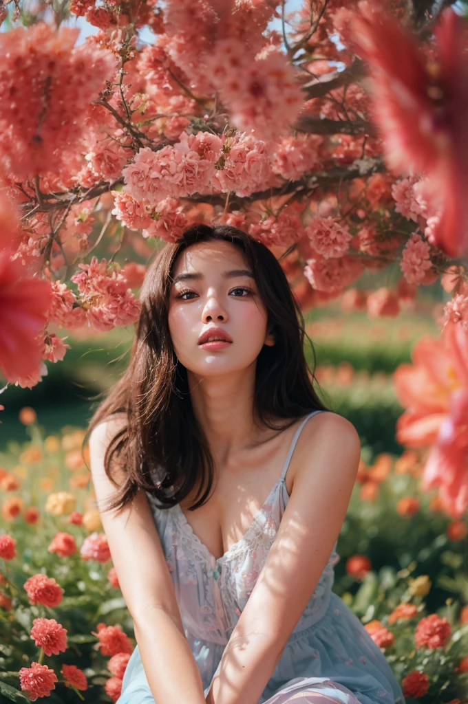 A woman sitting in a field of flowers with a pink flower in the background, beautiful south korean woman, beautiful young korean woman, woman in flowers, girl in flowers, beautiful asian woman, beautiful asian girl, gorgeous young korean woman, beautiful young asian woman, a young asian woman, photo of a beautiful woman, young asian woman, an asian woman, beautiful woman.
Masterpiece, ultra detailed, realistic, photo realistic, high detail RAW color photo, professional photograph, extremely detailed, finely detail, lens flare, Dynamic lighting, 8K, RAW Photo, Best High Quality, Masterpiece: 1.2, Ultra HD: 1, High Detail RAW Color Photo, Pro Photo, Realistic, Photo Realistic: 1.5, Live Photo, Super detailed, Masterpiece, Real Skin, Realistic Skin, Realistic HD Eyes, Highly detailed Eyes, Perfect Eyes, Perfect face, Perfect fingers, extremely detailed face, extremely detailed eyes, extremely detailed skin, perfect anatomy.