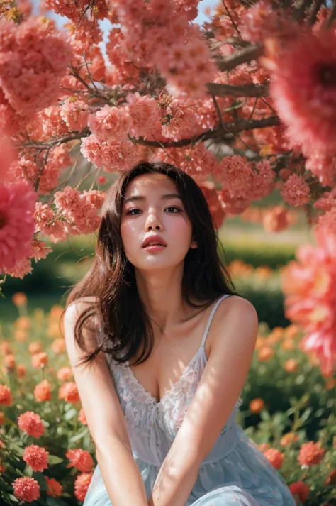 A woman sitting in a field of flowers with a pink flower in the background, beautiful south korean woman, beautiful young korean...