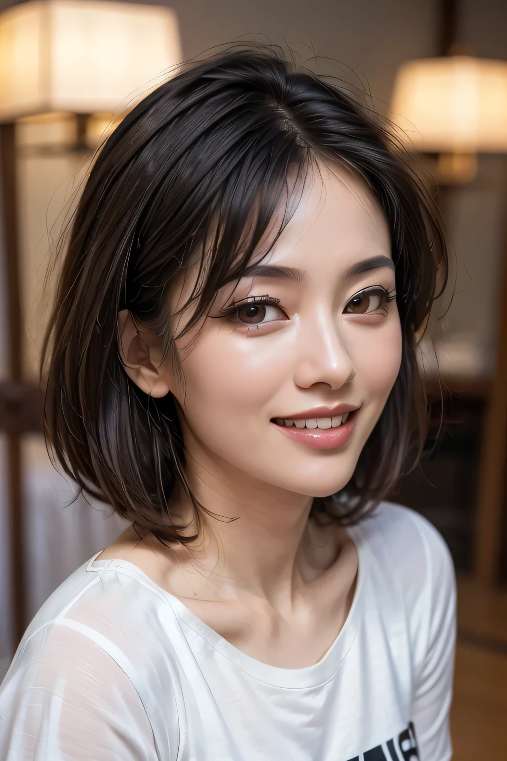 (8k, RAW Photos, highest quality, masterpiece, Realistic, Realistic), (1 female), (The ultimate beautiful Japanese mature), Highly detailed face, (Perfect Teeth), Beautiful Eyes, double eyelid, eyelash, ((smile)), Lip details, (Neat brunette bob), The light shines on your face, Big Breasts, ((T-Shirts)), (Upper Body), ((background: none))