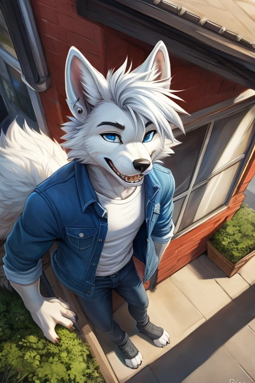 Birds-eye view, 
giant furry,anthro,
giant male arctic wolf, giant fluffy wolf ears, fluffy wolf tail, snow white fur, light blue eyes, sharp teeth, short messy and spikey white hair, pawpads, black pawpads, 
handsome, slim, well-built, 
wearing a blue denim jacket, white shirt and black jeans, silver ear piercings and hoops, 
looking forwards,looking at viewer, happily smiling, 
leaning against a tiny building in a tiny city, sunny day, tiny landscape in background, 
(giant character) (macro furry) (macrophilia) 